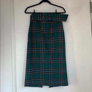 Zara High Waisted Green Plaid Belted Pencil Skirt